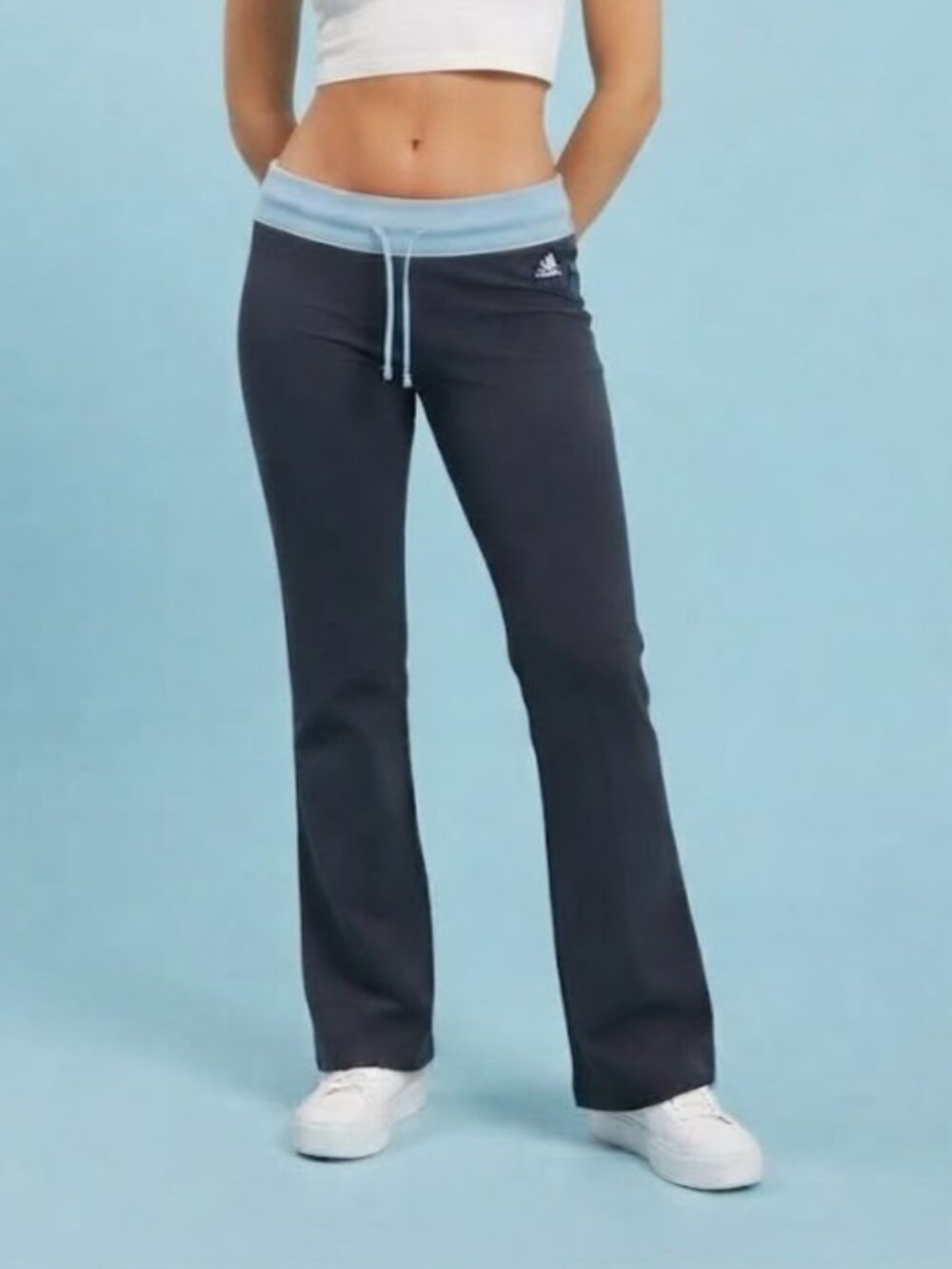 Adidas Charcoal Gray Retro Wide Leg Yoga Pants with Light Blue Waistband